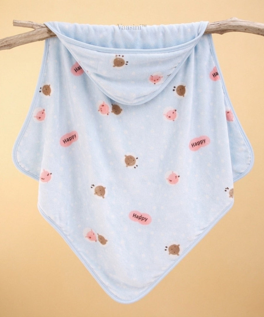 Vaasini Teddy Bear & Polka Dot Print Hooded Baby Bath Towel Soft Plush Quick Dry Sky Blue