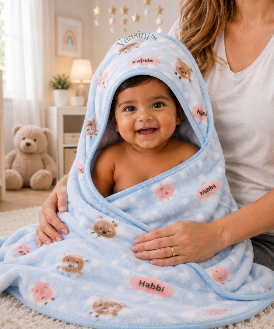 Vaasini Teddy Bear & Polka Dot Print Hooded Baby Bath Towel Soft Plush Quick Dry Sky Blue