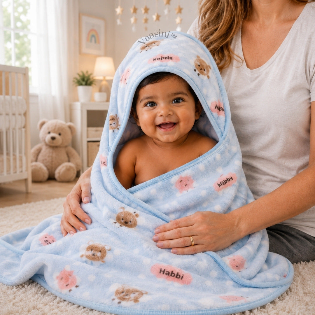 Vaasini Teddy Bear & Polka Dot Print Hooded Baby Bath Towel Soft Plush Quick Dry Sky Blue