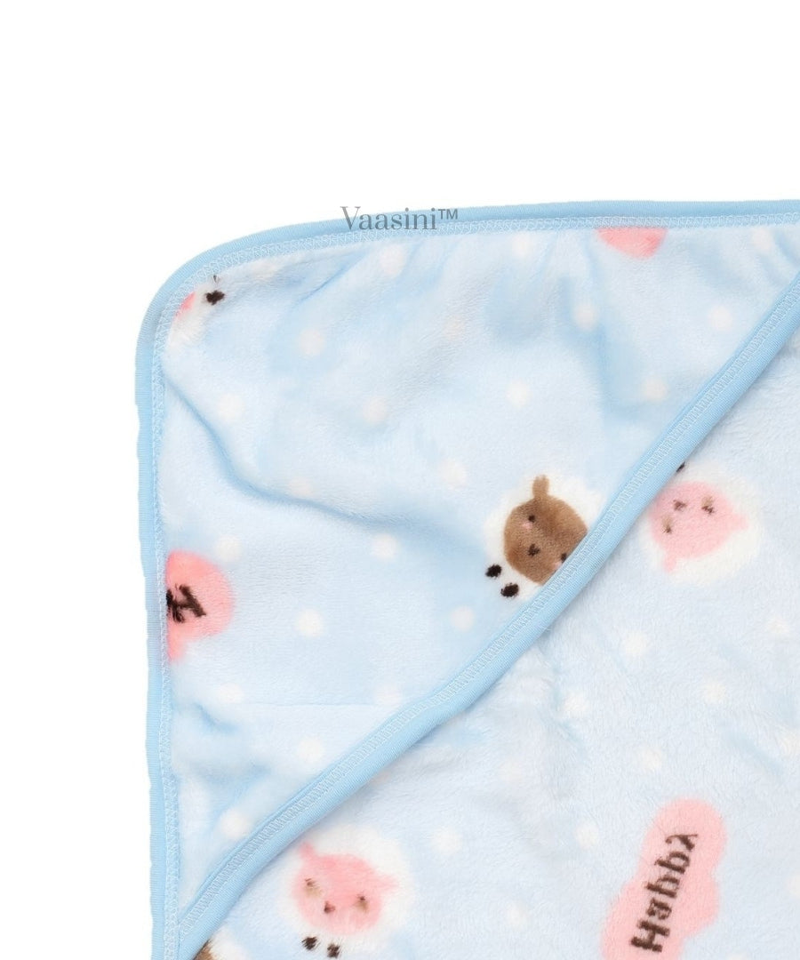 Vaasini Teddy Bear & Polka Dot Print Hooded Baby Bath Towel Soft Plush Quick Dry Sky Blue