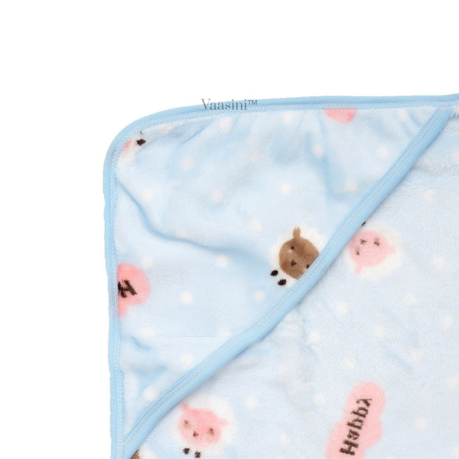 Vaasini Teddy Bear & Polka Dot Print Hooded Baby Bath Towel Soft Plush Quick Dry Sky Blue