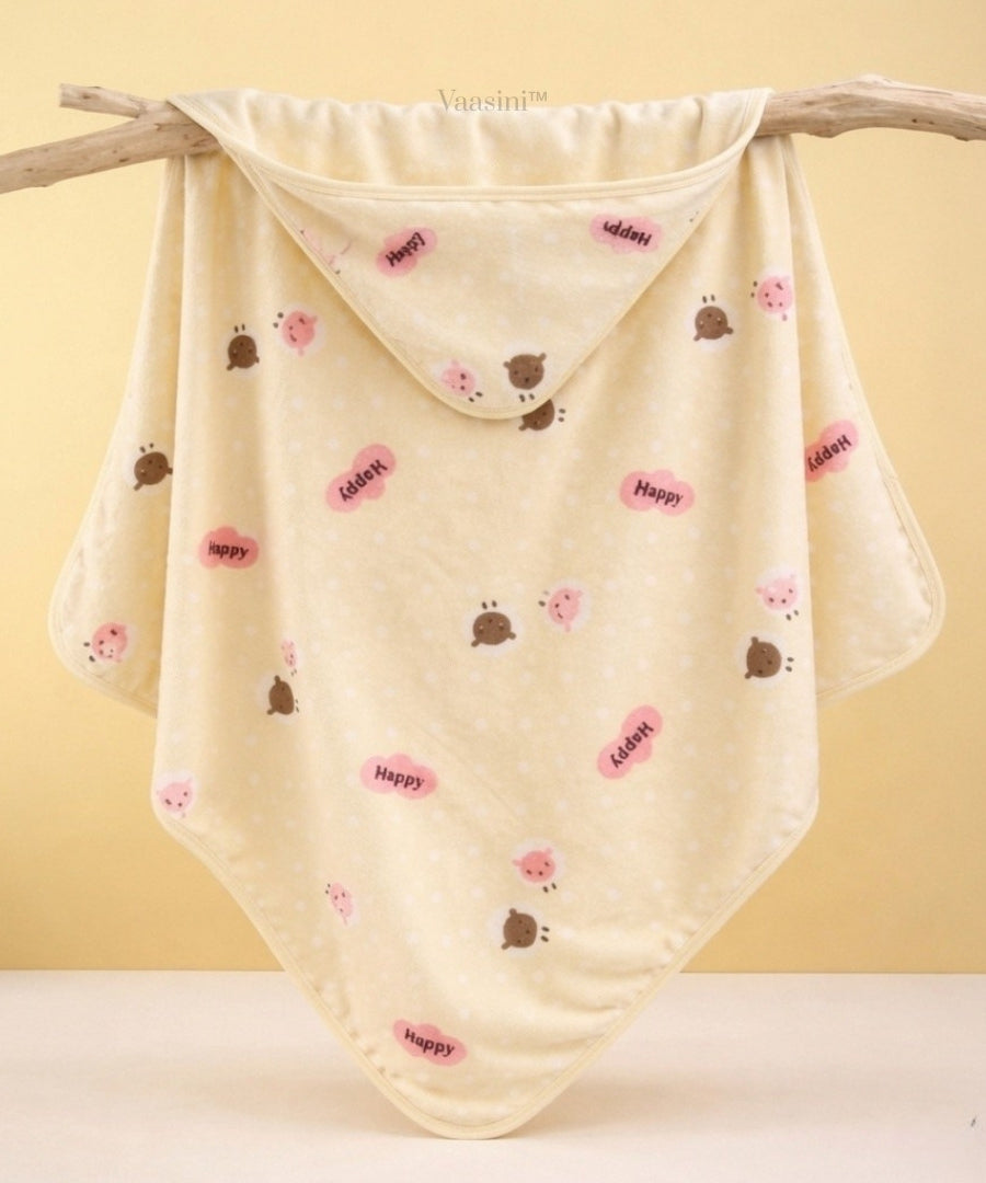 Vaasini Teddy Bear & Happy Print Hooded Baby Bath Towel Soft Plush Quick Dry Ivory
