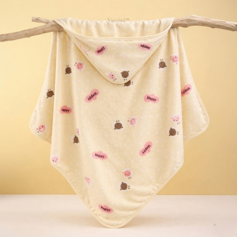 Vaasini Teddy Bear & Happy Print Hooded Baby Bath Towel Soft Plush Quick Dry Ivory