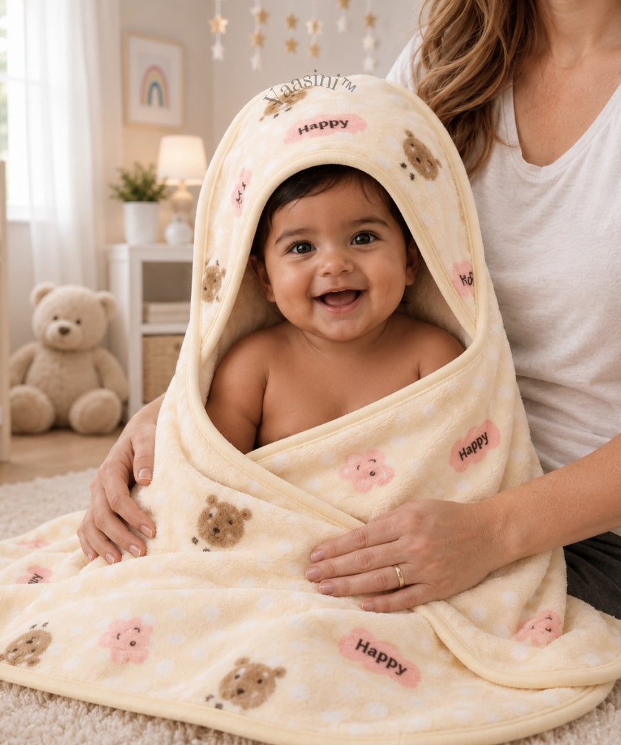 Vaasini Teddy Bear & Happy Print Hooded Baby Bath Towel Soft Plush Quick Dry Ivory