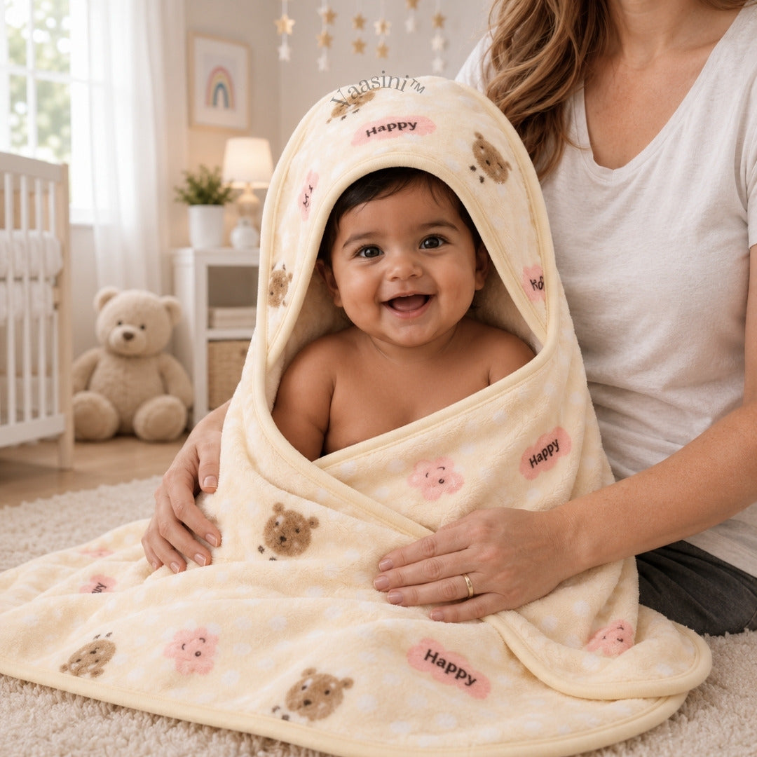 Vaasini Teddy Bear & Happy Print Hooded Baby Bath Towel Soft Plush Quick Dry Ivory