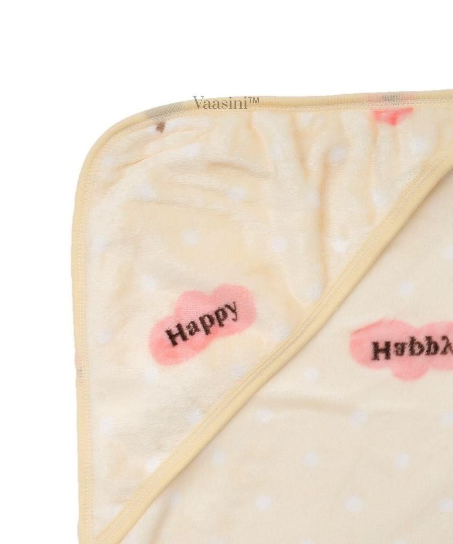 Vaasini Teddy Bear & Happy Print Hooded Baby Bath Towel Soft Plush Quick Dry Ivory