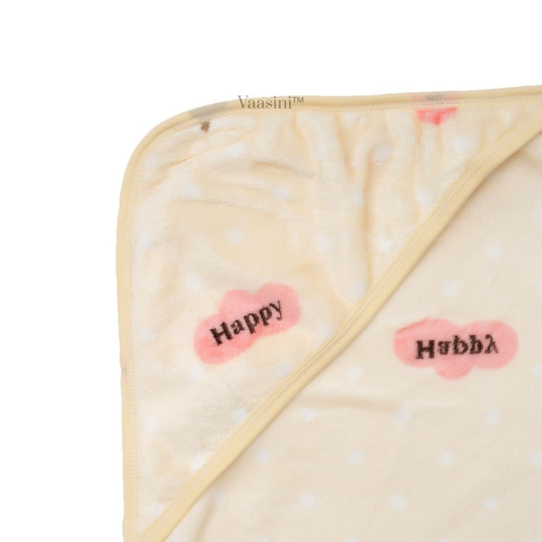 Vaasini Teddy Bear & Happy Print Hooded Baby Bath Towel Soft Plush Quick Dry Ivory