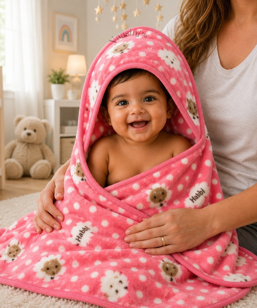 Vaasini Teddy Bear Polka Dot Print Hooded Baby Bath Towel Soft Plush Quick Dry Pink