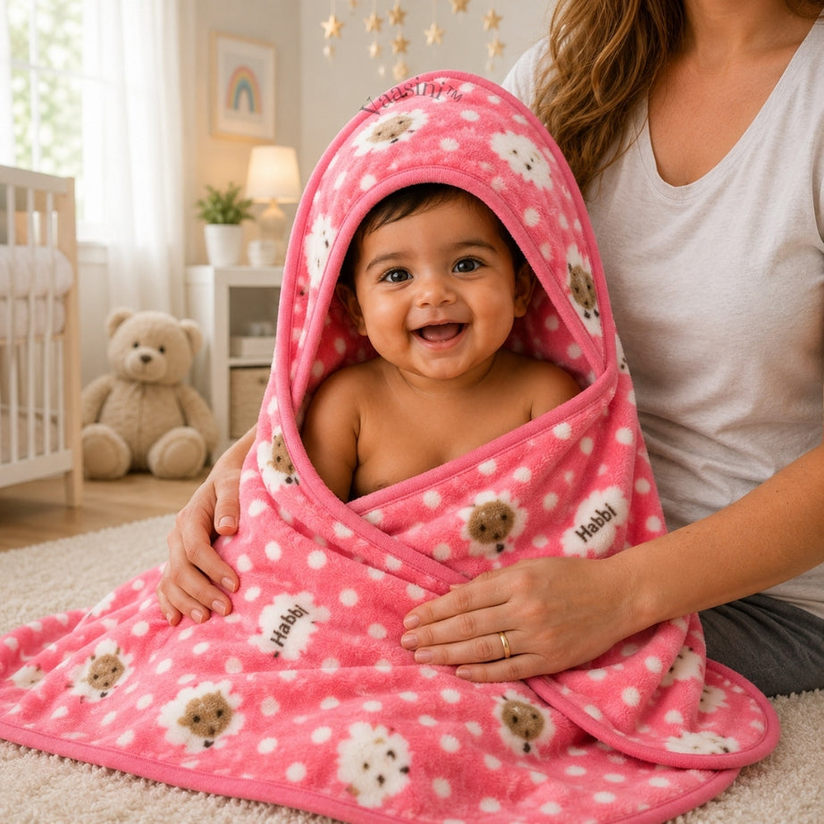 Vaasini Teddy Bear Polka Dot Print Hooded Baby Bath Towel Soft Plush Quick Dry Pink