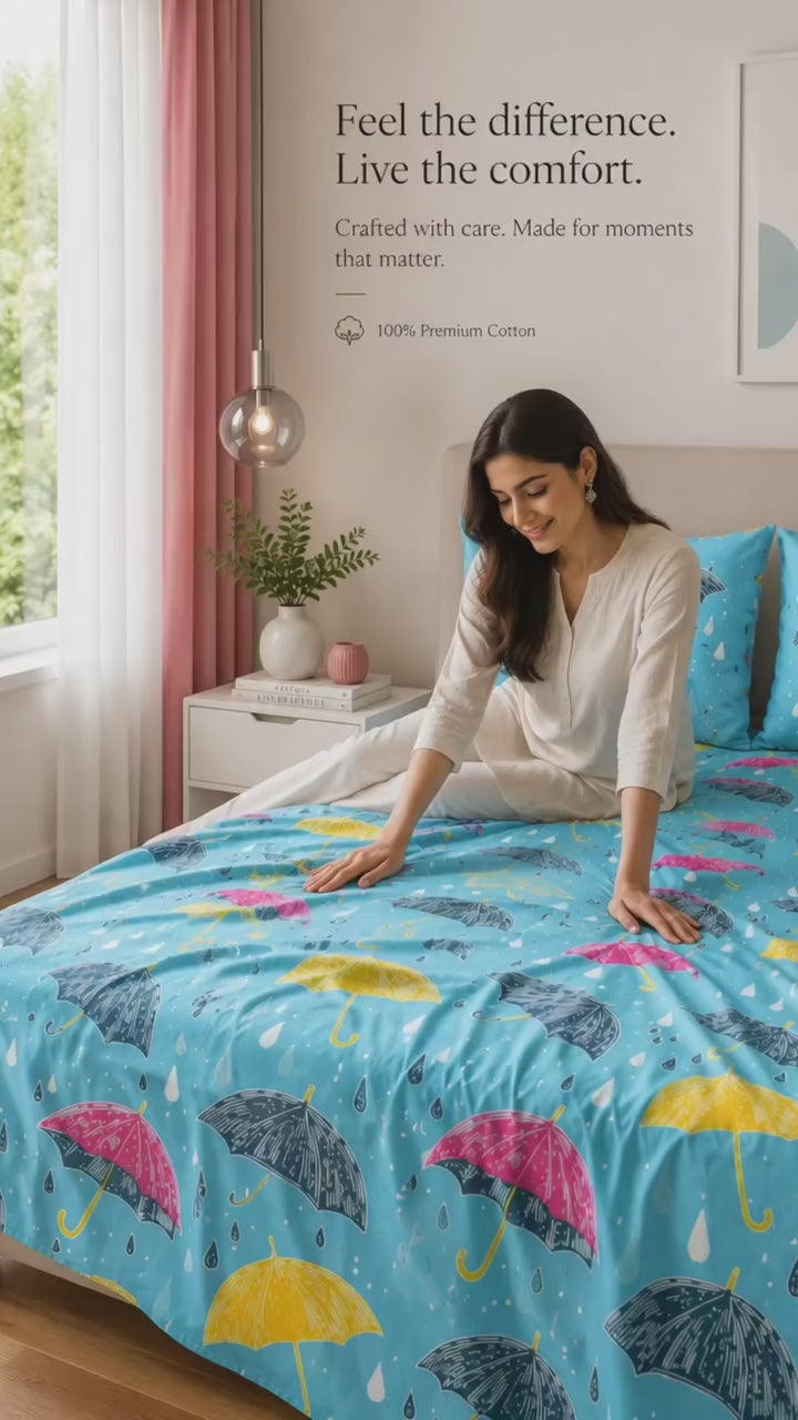 Monsoon Magic Umbrella Sky Blue Bedsheet